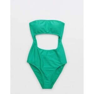 Aerie One Piece Swimsuit Green Textured Cutout Strapless Size XL